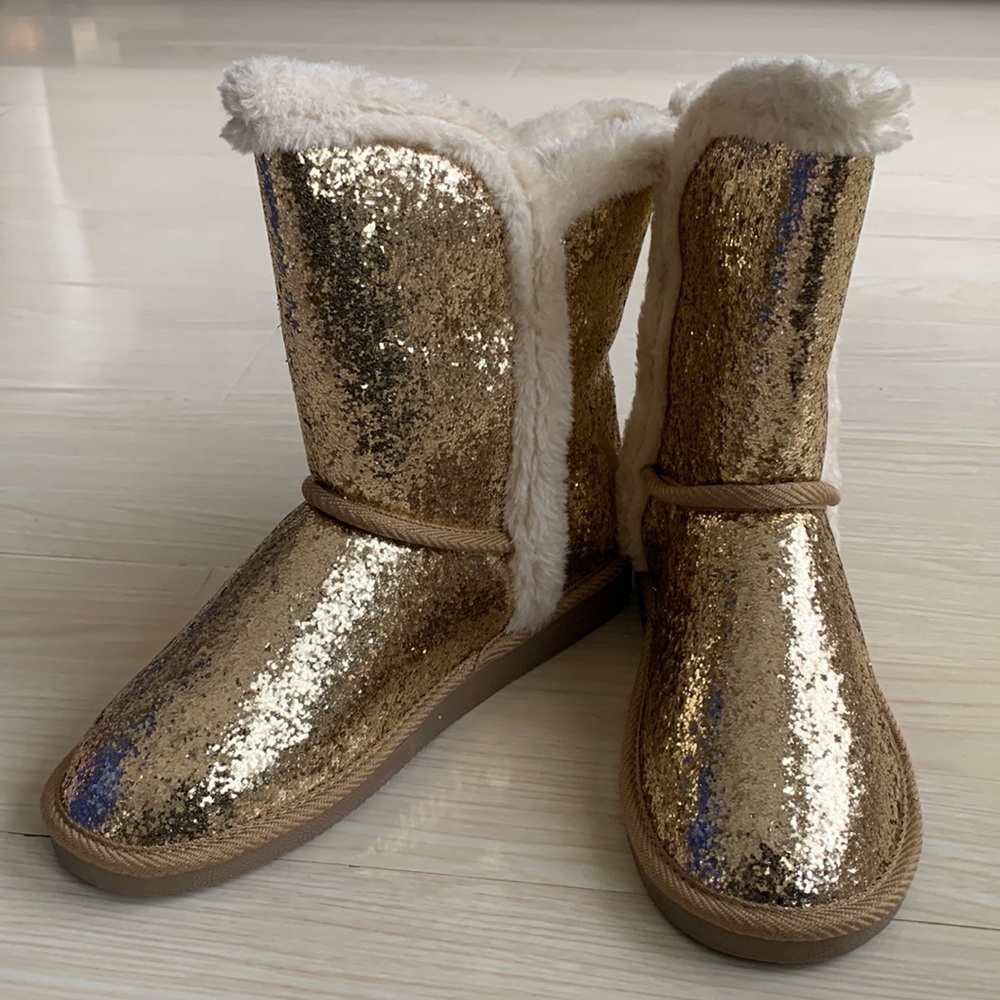 FABKIDS Gold Glitter Faux Fur Lined Tulip Boots